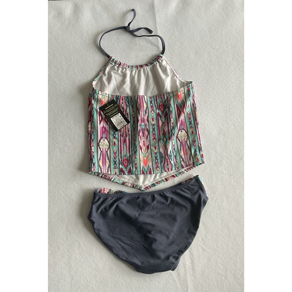 Art Class Girls' Two Piece Gray Teal Gold Stripe Tankini Top & Bottom XL 10/16 - Picture 4 of 7